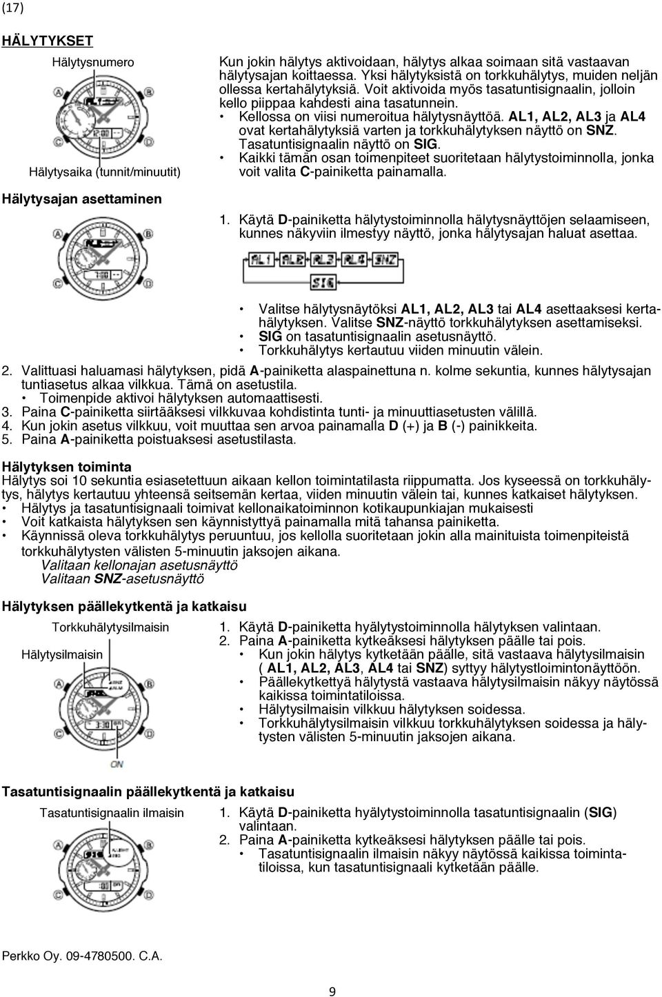 Kellossa on viisi numeroitua hälytysnäyttöä. AL1, AL2, AL3 ja AL4 ovat kertahälytyksiä varten ja torkkuhälytyksen näyttö on SNZ. Tasatuntisignaalin näyttö on SIG.