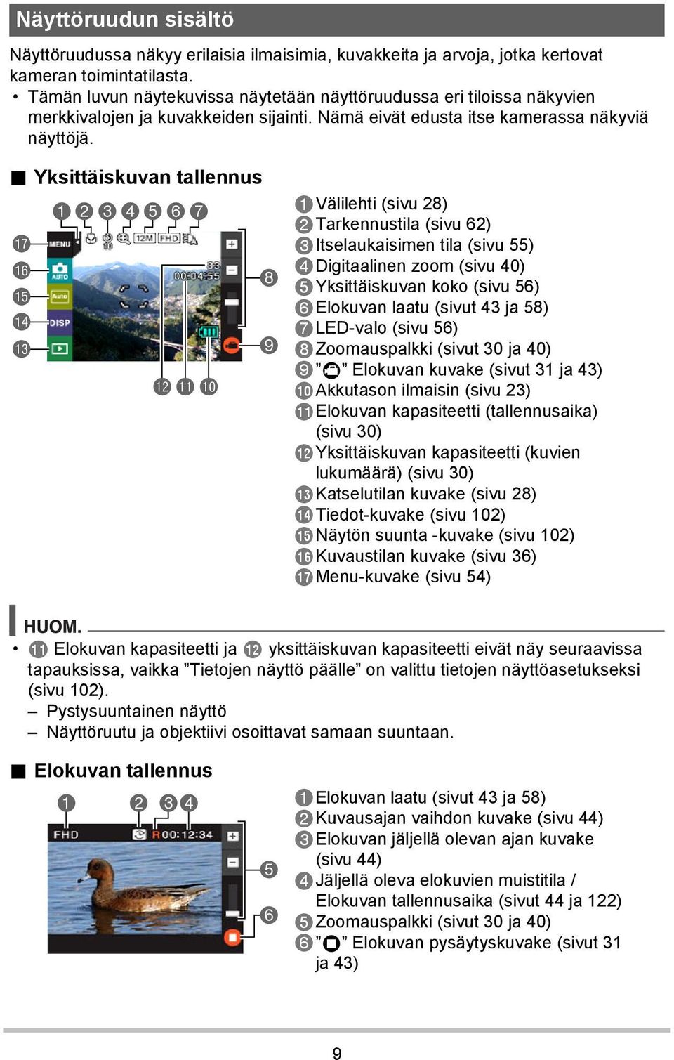 . Yksittäiskuvan tallennus br bq bp bo bn 1234567 bmblbk 8 9 1Välilehti (sivu 28) 2Tarkennustila (sivu 62) 3Itselaukaisimen tila (sivu 55) 4Digitaalinen zoom (sivu 40) 5Yksittäiskuvan koko (sivu 56)