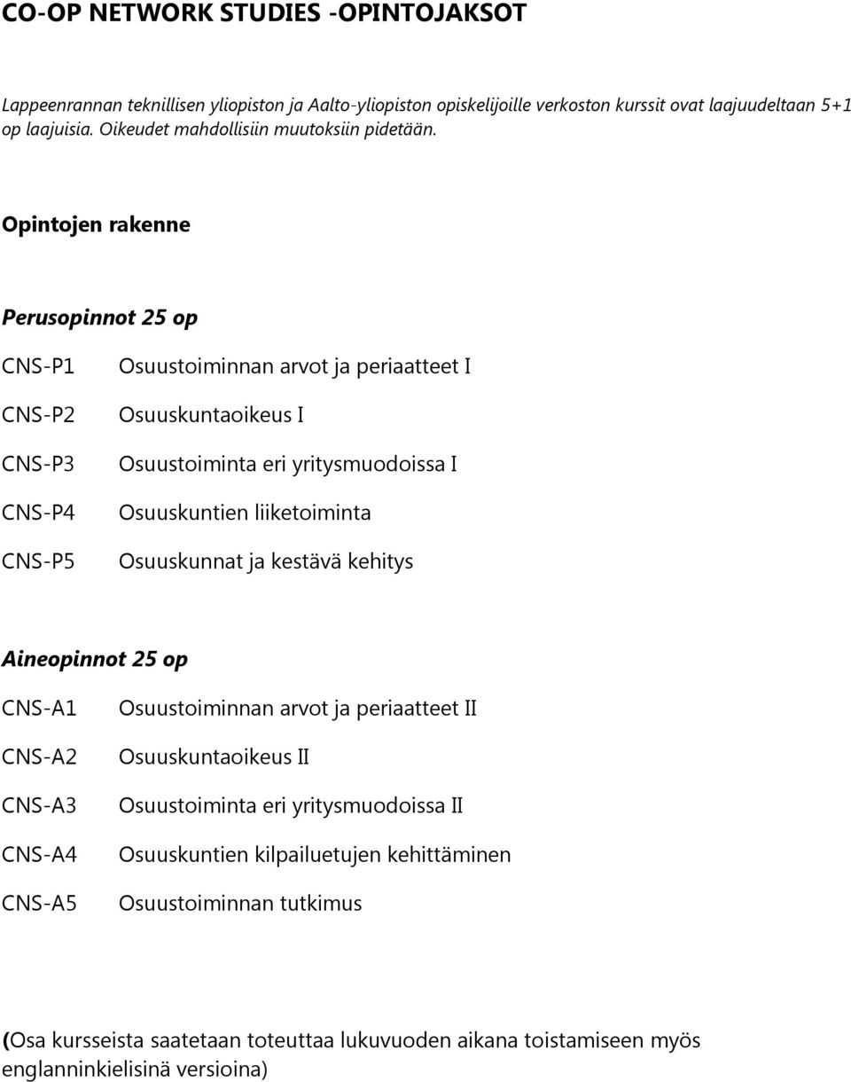 Opintojen rakenne Perusopinnot 25 op CNS-P1 CNS-P2 CNS-P3 CNS-P4 CNS-P5 Osuustoiminnan arvot ja periaatteet I Osuuskuntaoikeus I Osuustoiminta eri yritysmuodoissa I Osuuskuntien