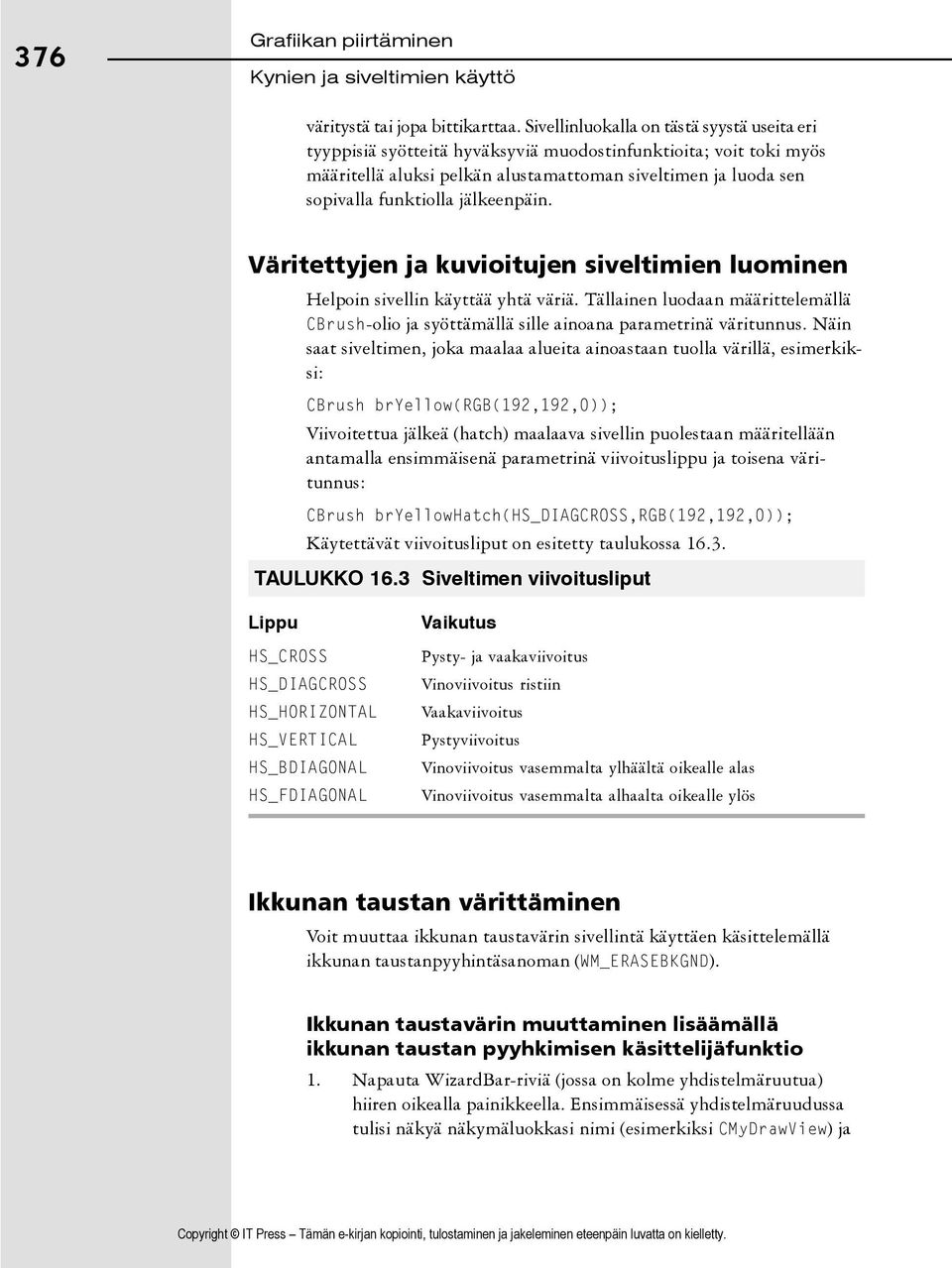 jälkeenpäin. Väritettyjen ja kuvioitujen siveltimien luominen Helpoin sivellin käyttää yhtä väriä. Tällainen luodaan määrittelemällä CBrush-olio ja syöttämällä sille ainoana parametrinä väritunnus.