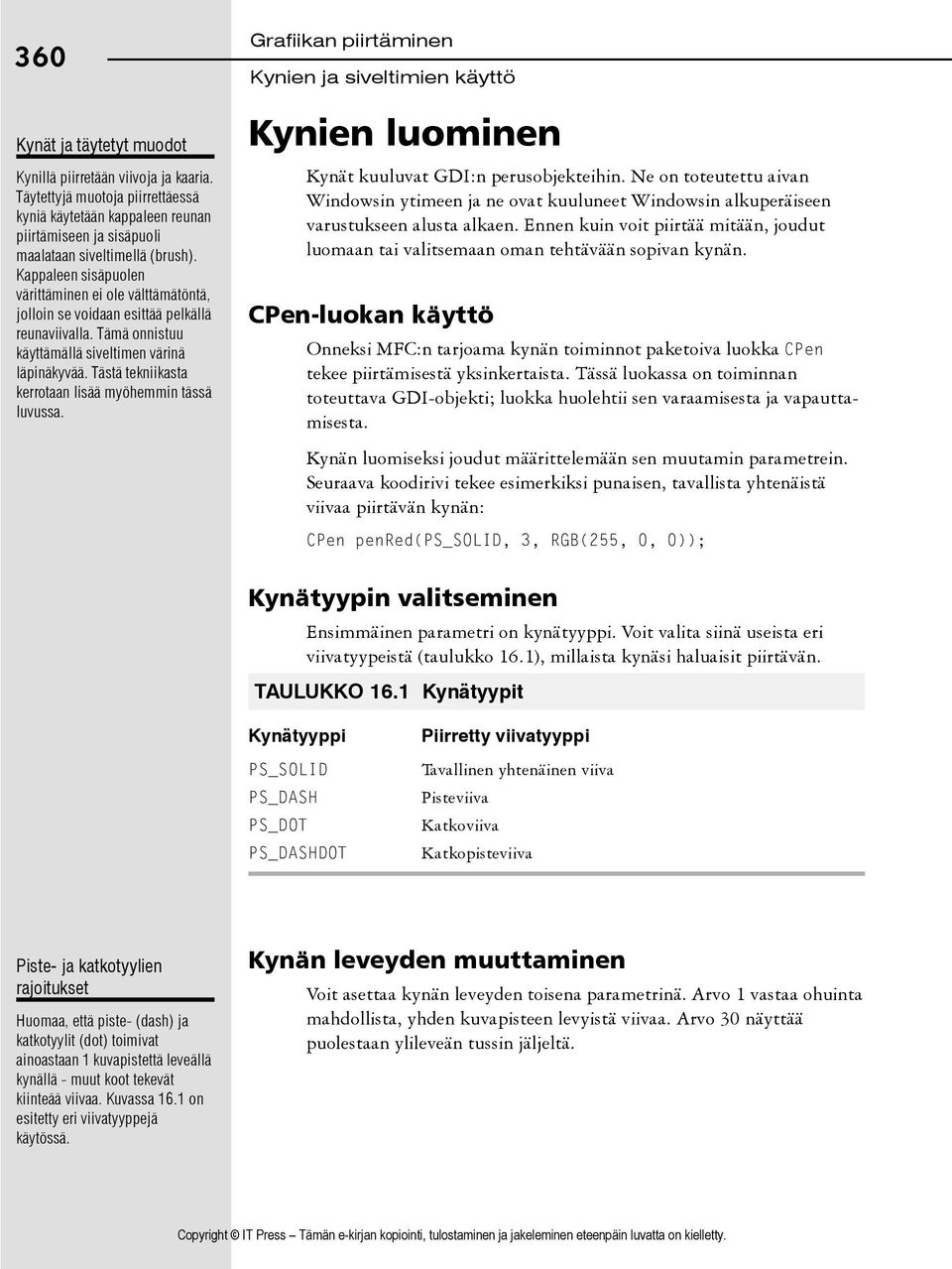 Tästä tekniikasta kerrotaan lisää myöhemmin tässä luvussa. Grafiikan piirtäminen Kynien luominen Kynät kuuluvat GDI:n perusobjekteihin.