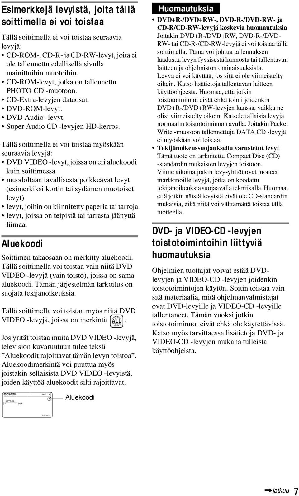 Tällä soittimella ei voi toistaa myöskään seuraavia levyjä: DVD VIDEO -levyt, joissa on eri aluekoodi kuin soittimessa muodoltaan tavallisesta poikkeavat levyt (esimerkiksi kortin tai sydämen