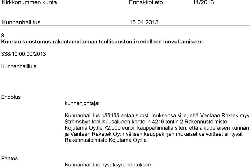 korttelin 46 tontin Rakennustoimisto Kojutama Oy:lle 7.