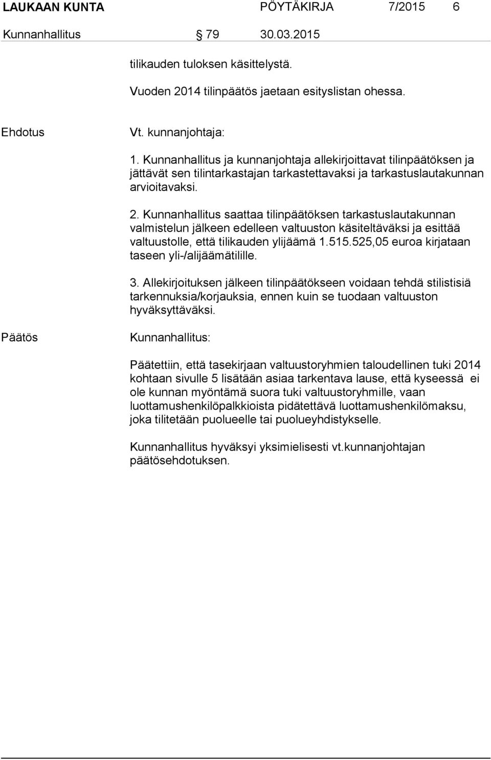 Kunnanhallitus saattaa tilinpäätöksen tarkastuslautakunnan valmistelun jälkeen edelleen valtuuston käsiteltäväksi ja esittää valtuustolle, että tilikauden ylijäämä 1.515.