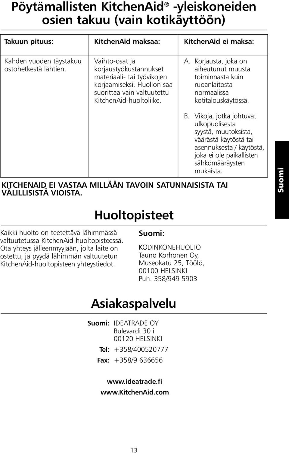 Korjausta, joka on aiheutunut muusta toiminnasta kuin ruoanlaitosta normaalissa kotitalouskäytössä. B.