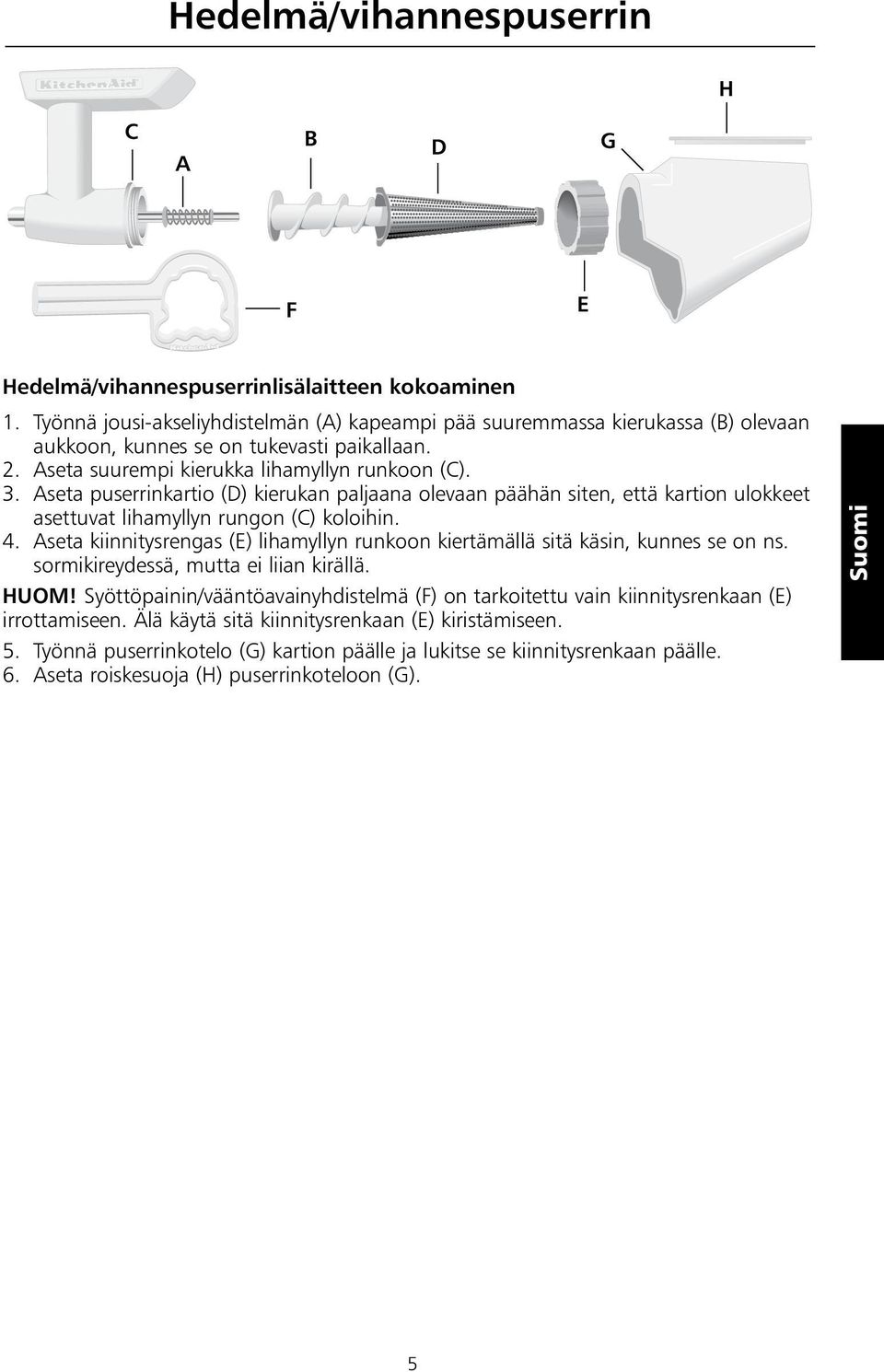 Aseta puserrinkartio (D) kierukan paljaana olevaan päähän siten, että kartion ulokkeet asettuvat lihamyllyn rungon (C) koloihin. 4.