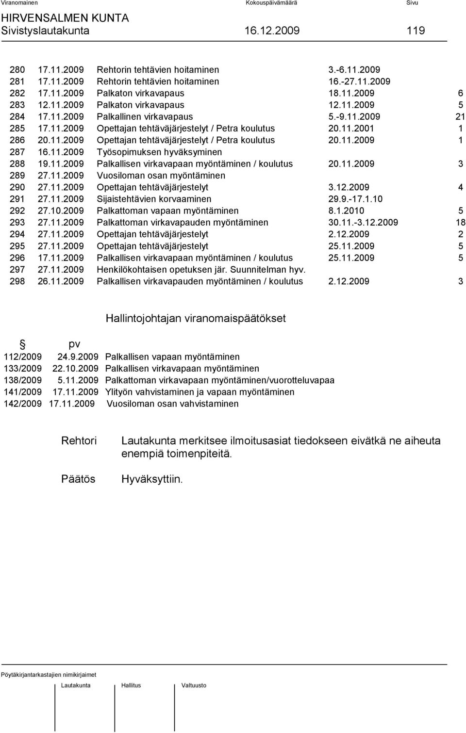 11.2009 Työsopimuksen hyväksyminen 288 19.11.2009 Palkallisen virkavapaan myöntäminen / koulutus 20.11.2009 3 289 27.11.2009 Vuosiloman osan myöntäminen 290 27.11.2009 Opettajan tehtäväjärjestelyt 3.