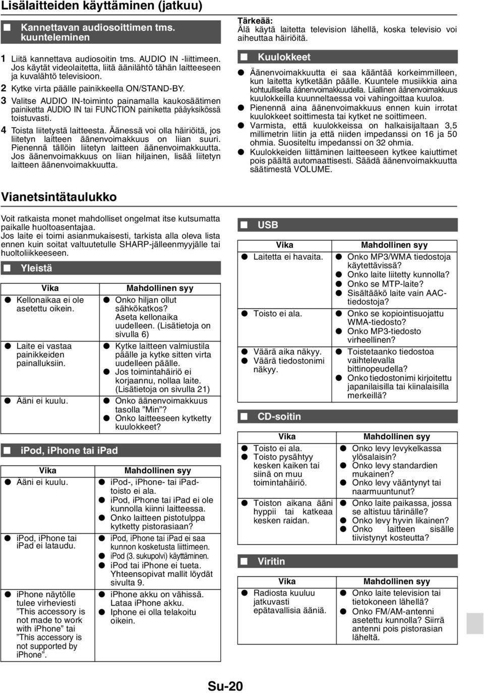 3 Valitse AUDIO IN-toiminto painamalla kaukosäätimen painiketta AUDIO IN tai FUNCTION painiketta pääyksikössä toistuvasti. 4 Toista liitetystä laitteesta.