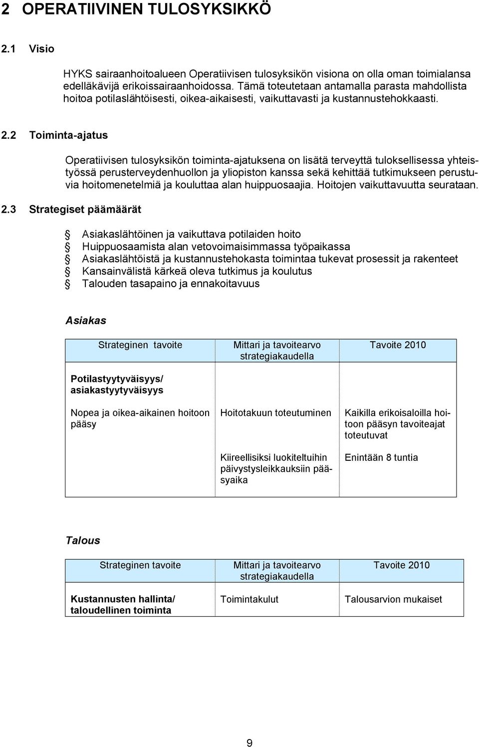 2 Toiminta ajatus Operatiivisen tulosyksikön toiminta ajatuksena on lisätä terveyttä tuloksellisessa yhteistyössä perusterveydenhuollon ja yliopiston kanssa sekä kehittää tutkimukseen perustuvia