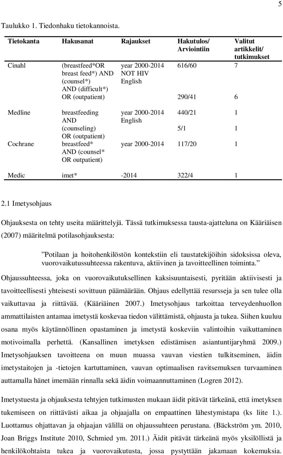 artikkelit/ tutkimukset 7 6 Medline Cochrane breastfeeding AND (counseling) OR (outpatient) breastfeed* AND (counsel* OR outpatient) year 2000-2014 English 440/21 5/1 year 2000-2014 117/20 1 1 1