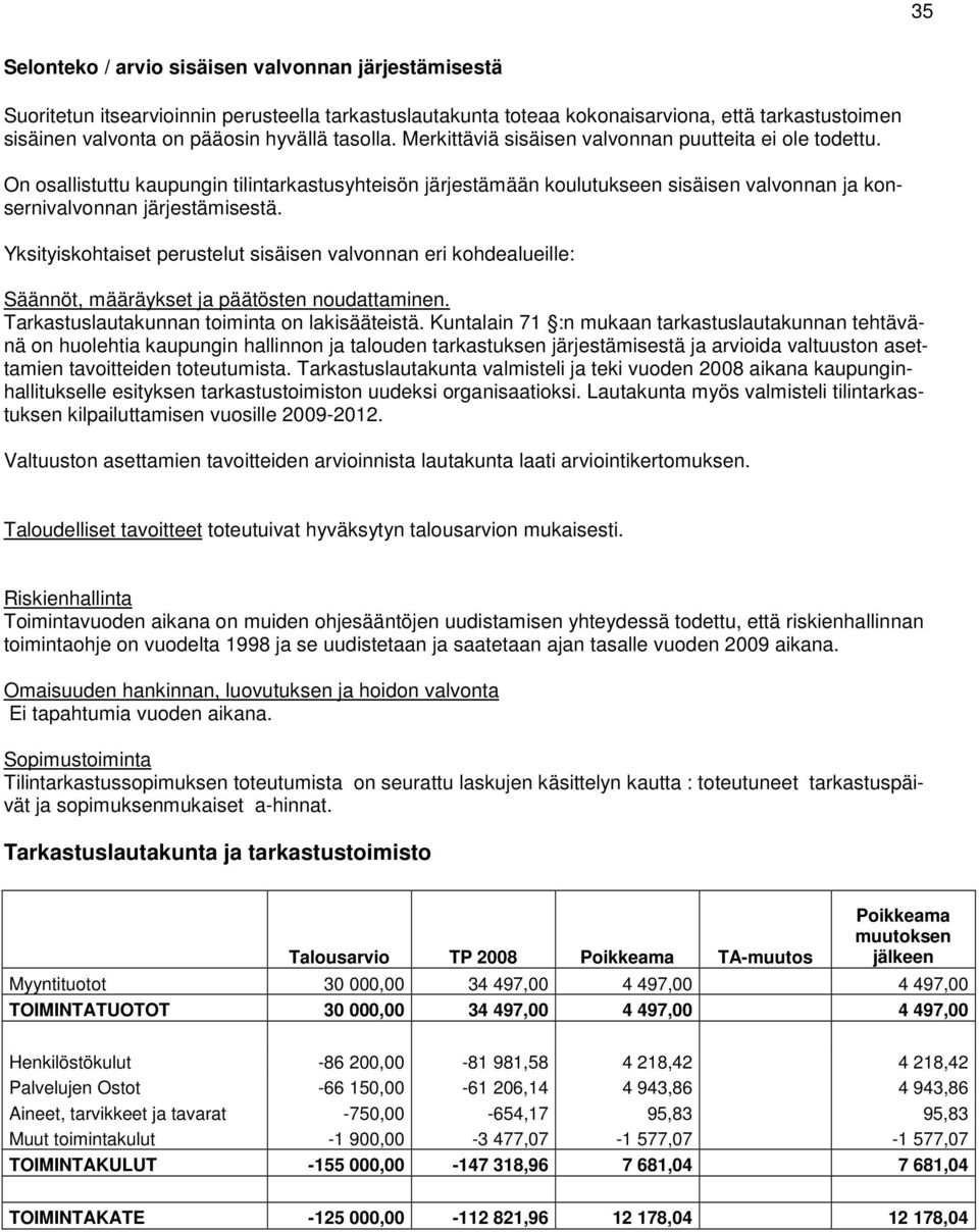 Yksityiskohtaiset perustelut sisäisen valvonnan eri kohdealueille: Säännöt, määräykset ja päätösten noudattaminen. Tarkastuslautakunnan toiminta on lakisääteistä.