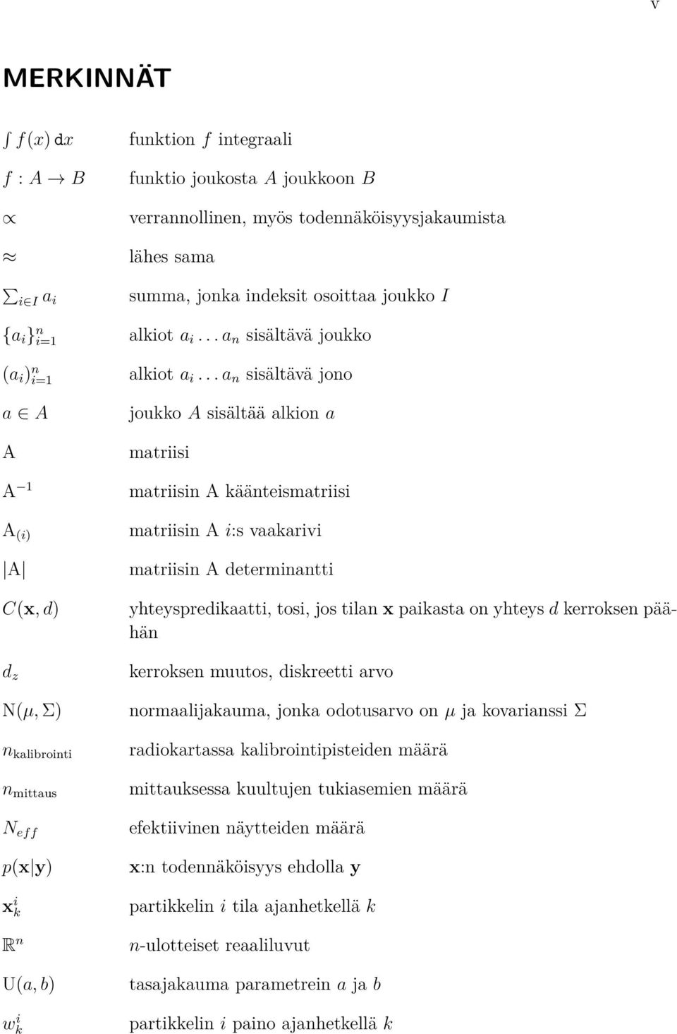 .. a n sisältävä jono a A A A 1 A (i) A C(x, d) d z N(µ, Σ) n kalibrointi n mittaus N eff p(x y) xk i R n U(a, b) w i k joukko A sisältää alkion a matriisi matriisin A käänteismatriisi matriisin A