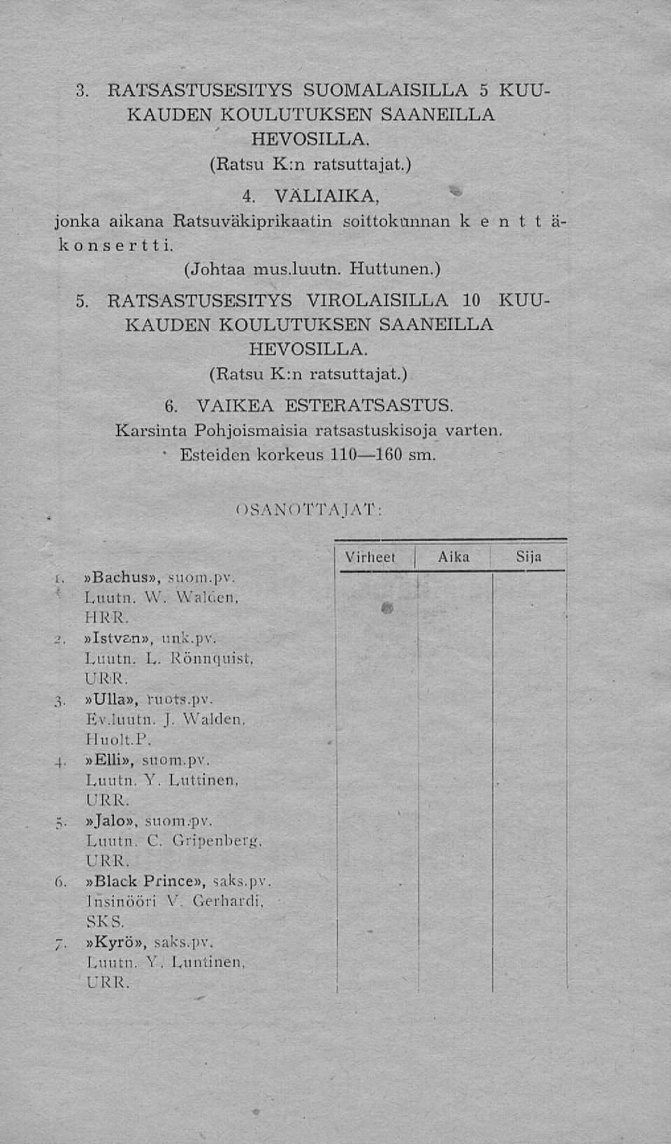 Karsinta Pohjoismaisia ratsastuskisoja varten, Esteiden korkeus 110 160 sm. OSANOTTAJAT: i.»bachus», suom.pv. * ; Luutn. W. Walden, HRR.»Istvan», unk.pv. Luutn. L. Rönnquist, URR. 3.