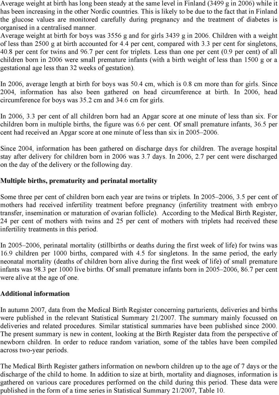 Average weight at birth for boys was 3556 g and for girls 3439 g in 2006. Children with a weight of less than 2500 g at birth accounted for 4.4 per cent, compared with 3.3 per cent for singletons, 40.