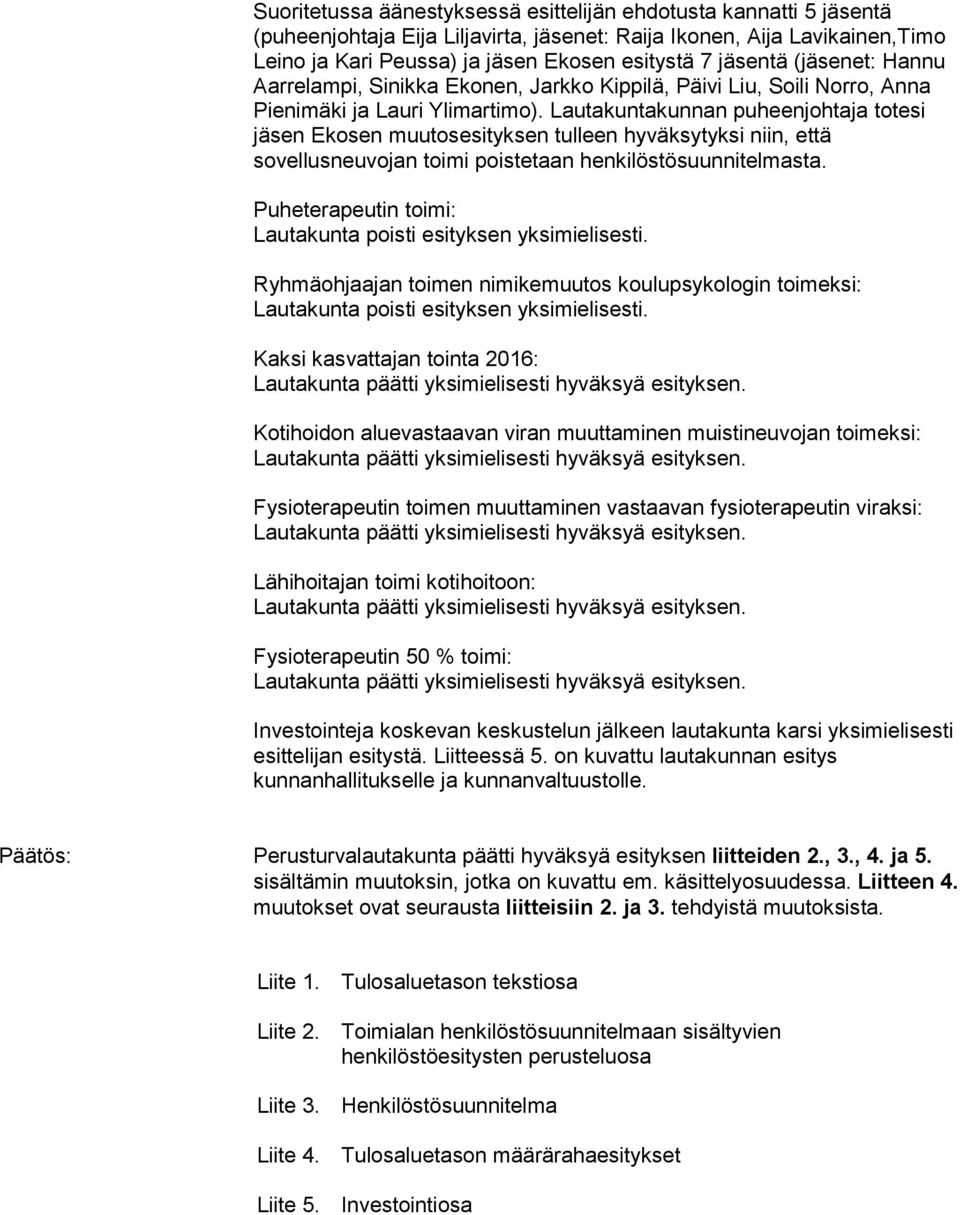 Lautakuntakunnan puheenjohtaja totesi jäsen Ekosen muutosesityksen tulleen hyväksytyksi niin, että sovellusneuvojan toimi poistetaan henkilöstösuunnitelmasta.