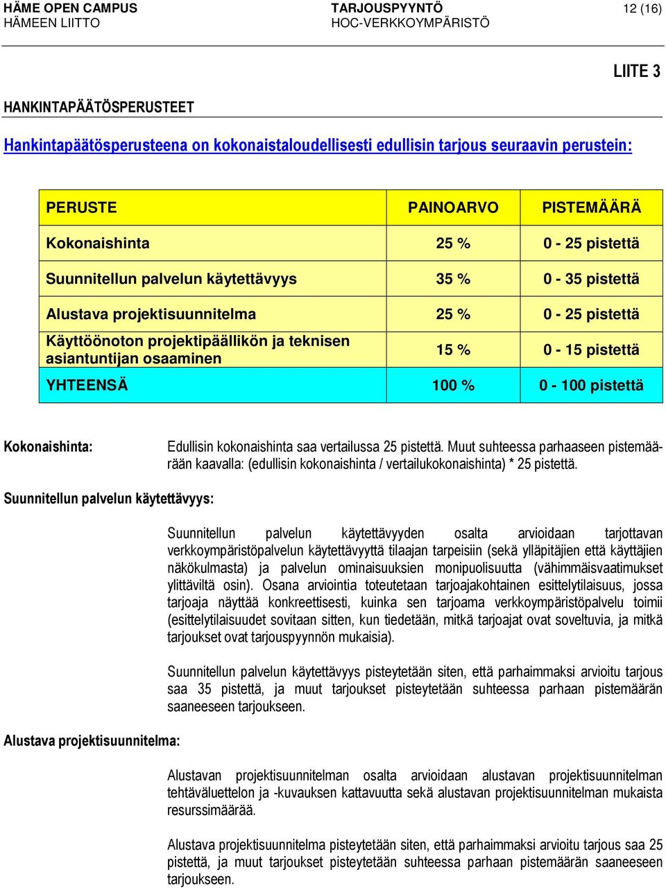 100 % 0-100 pistettä Kokonaishinta: Edullisin kokonaishinta saa vertailussa 25 pistettä.