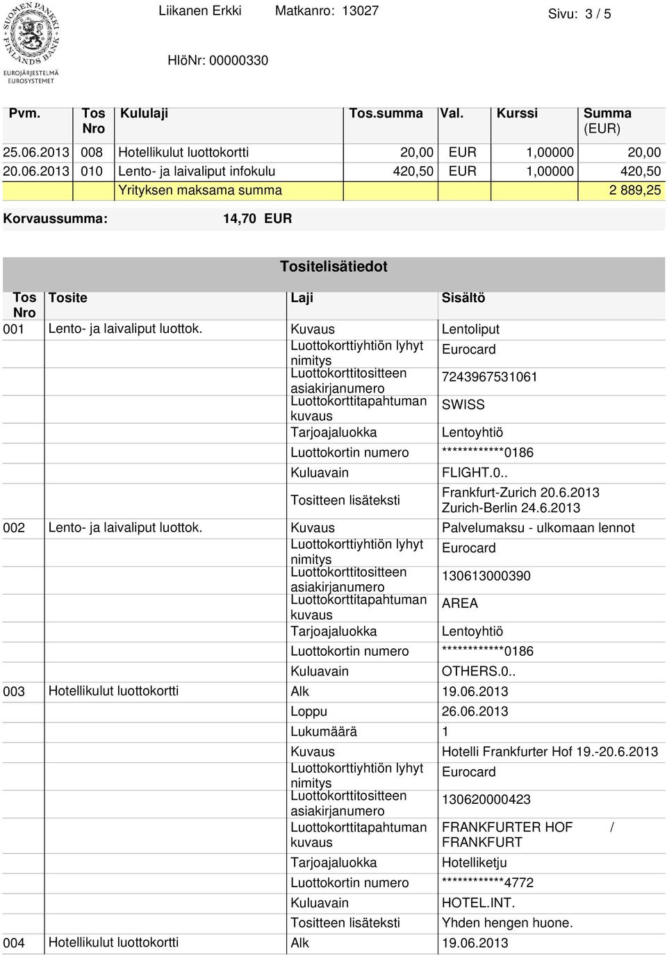 2013 010 Lento- ja laivaliput infokulu 420,50 EUR 1,00000 420,50 Yrityksen maksama summa 0,00 2 889,25 Korvaussumma: 14,70 EUR Tositelisätiedot 001 Lento- ja laivaliput luottok.