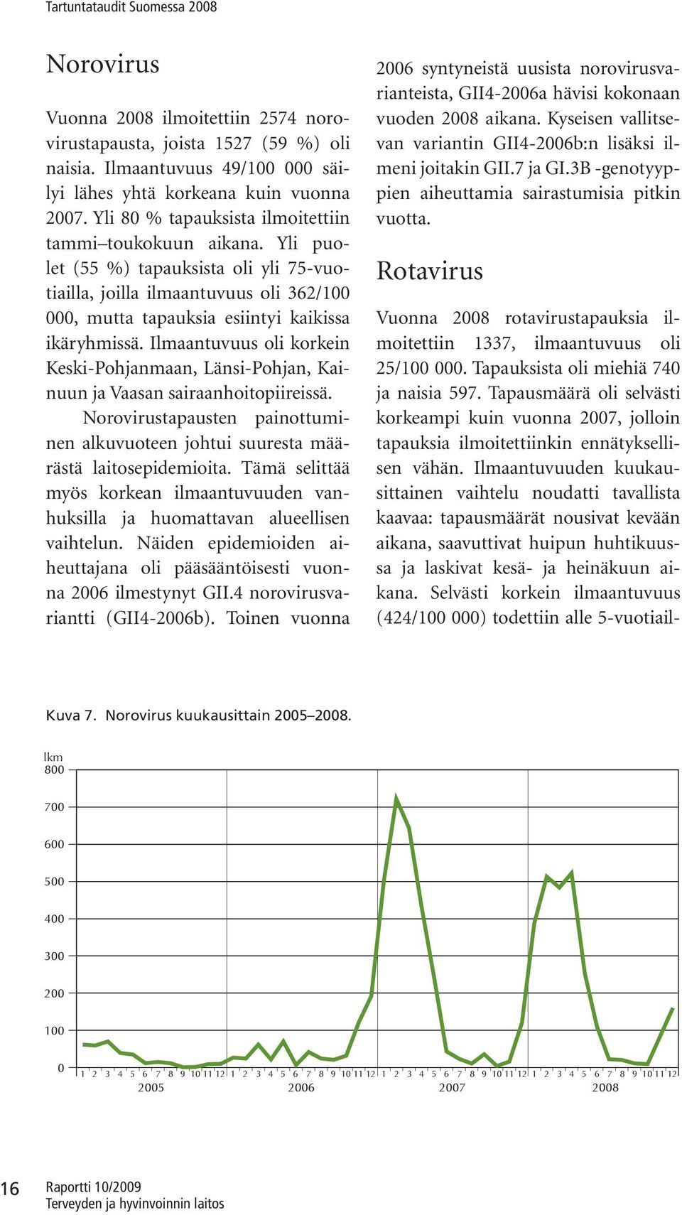 Ilmaantuvuus oli korkein Keski-Pohjanmaan, Länsi-Pohjan, Kainuun ja Vaasan sairaanhoitopiireissä. Norovirustapausten painottuminen alkuvuoteen johtui suuresta määrästä laitosepidemioita.