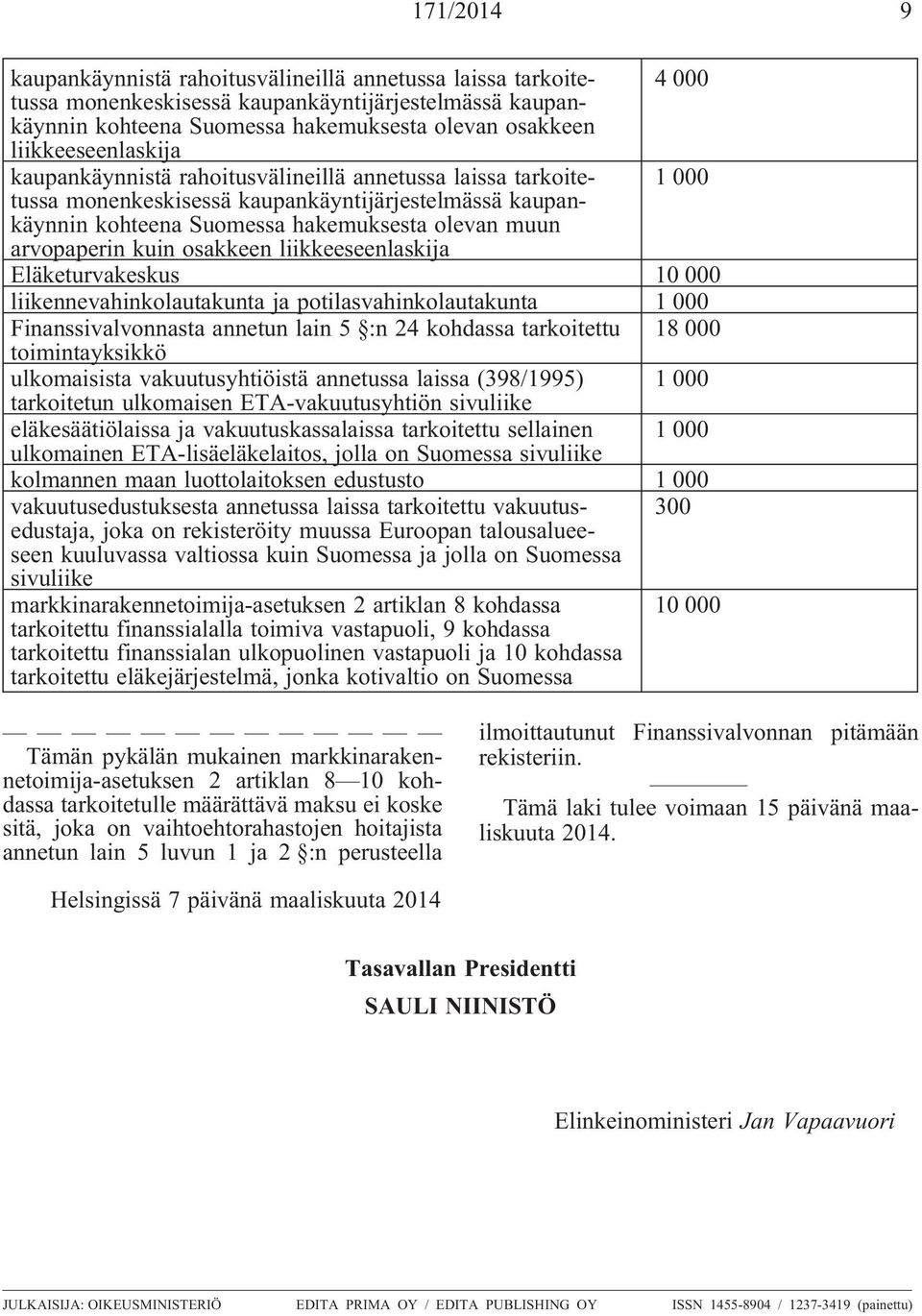 arvopaperin kuin osakkeen liikkeeseenlaskija Eläketurvakeskus 10 000 liikennevahinkolautakunta ja potilasvahinkolautakunta 1 000 Finanssivalvonnasta annetun lain 5 :n 24 kohdassa tarkoitettu 18 000