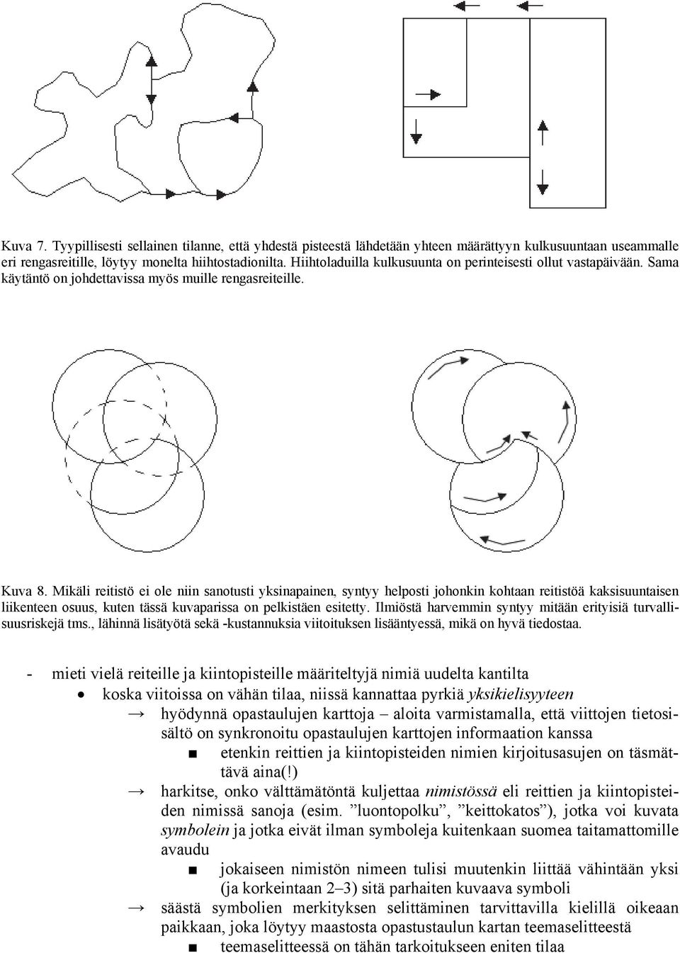 Mikäli reitistö ei ole niin sanotusti yksinapainen, syntyy helposti johonkin kohtaan reitistöä kaksisuuntaisen liikenteen osuus, kuten tässä kuvaparissa on pelkistäen esitetty.