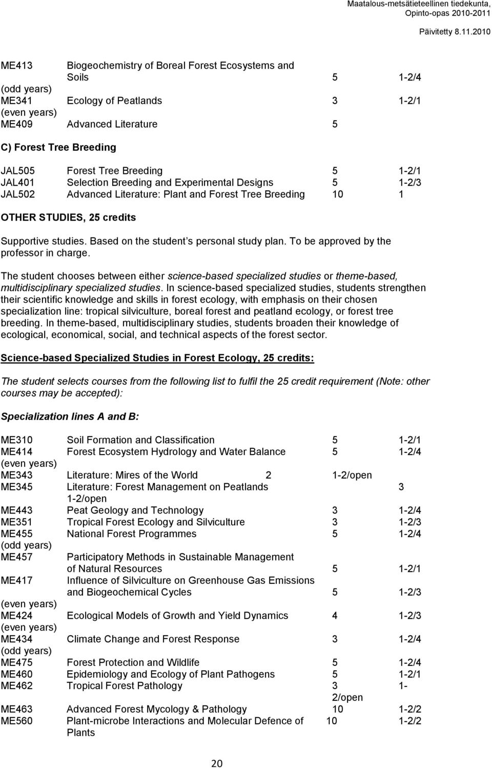 Based on the student s personal study plan. To be approved by the professor in charge.