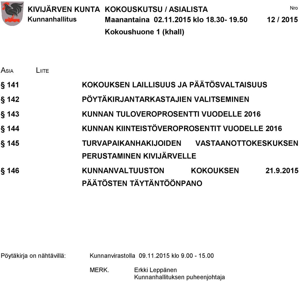 143 KUNNAN TULOVEROPROSENTTI VUODELLE 2016 144 KUNNAN KIINTEISTÖVEROPROSENTIT VUODELLE 2016 145 TURVAPAIKANHAKIJOIDEN