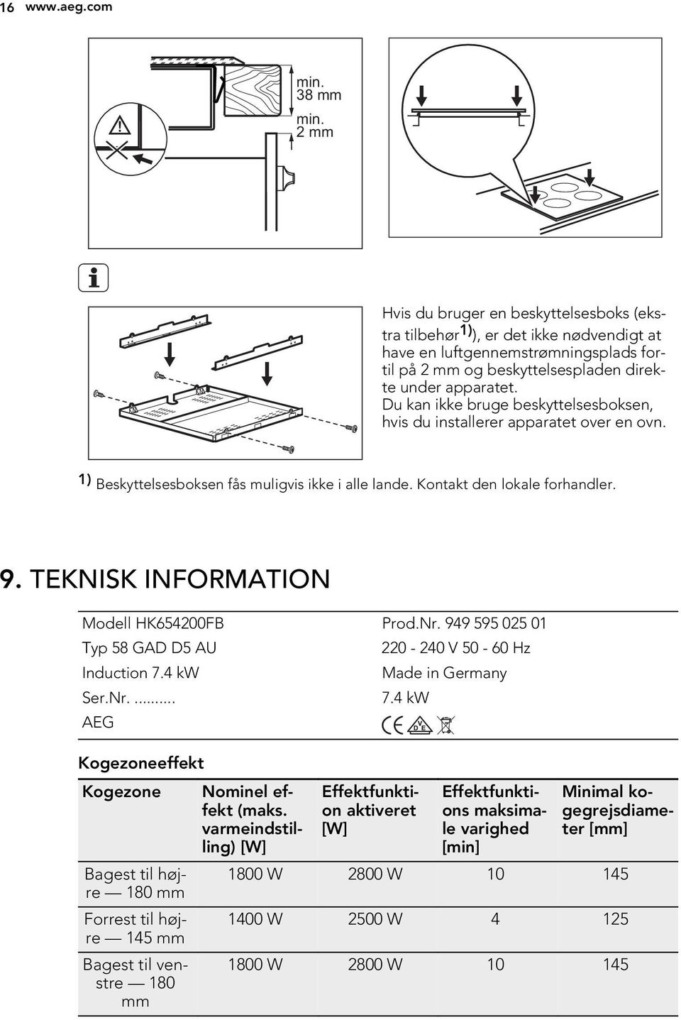 Du kan ikke bruge beskyttelsesboksen, hvis du installerer apparatet over en ovn. 1) Beskyttelsesboksen fås muligvis ikke i alle lande. Kontakt den lokale forhandler. 9.