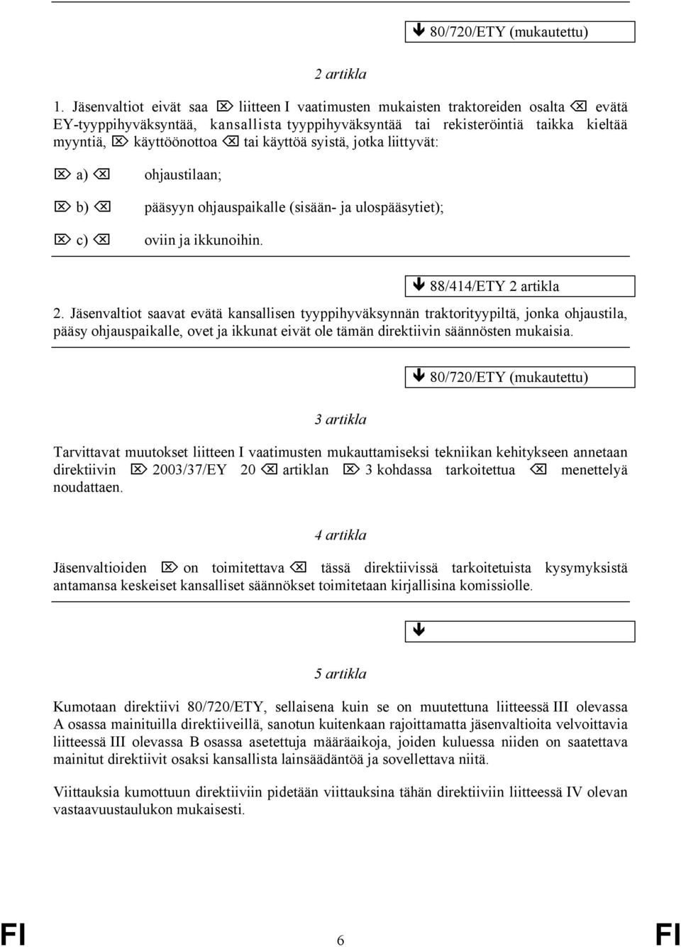 käyttöä syistä, jotka liittyvät: a) b) c) ohjaustilaan; pääsyyn ohjauspaikalle (sisään- ja ulospääsytiet); oviin ja ikkunoihin. 88/414/ETY 2 artikla 2.