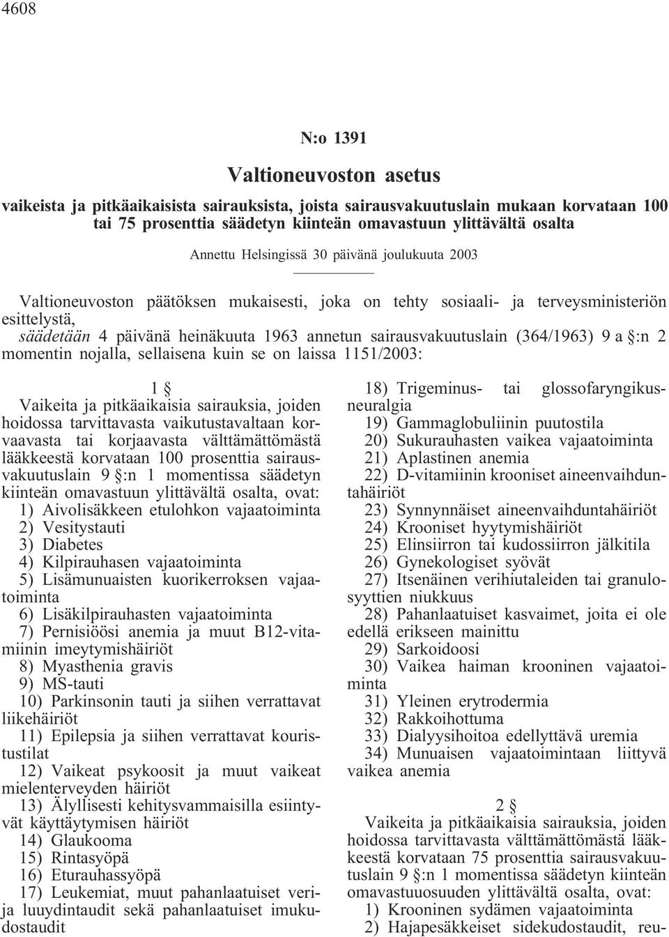 se on laissa 1151/2003: 1 Vaikeita ja pitkäaikaisia sairauksia, joiden hoidossa tarvittavasta vaikutustavaltaan korvaavasta tai korjaavasta välttämättömästä lääkkeestä korvataan 100 prosenttia