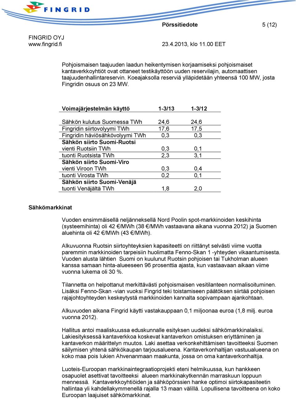 Voimajärjestelmän käyttö 1-3/13 1-3/12 Sähkön kulutus Suomessa TWh 24,6 24,6 Fingridin siirtovolyymi TWh 17,6 17,5 Fingridin häviösähkövolyymi TWh 0,3 0,3 Sähkön siirto Suomi-Ruotsi vienti Ruotsiin