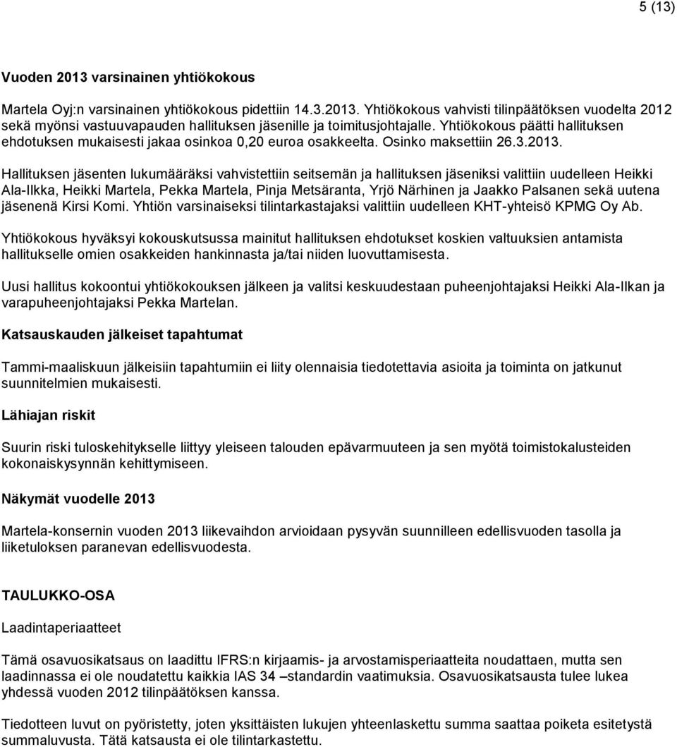 Hallituksen jäsenten lukumääräksi vahvistettiin seitsemän ja hallituksen jäseniksi valittiin uudelleen Heikki Ala-Ilkka, Heikki Martela, Pekka Martela, Pinja Metsäranta, Yrjö Närhinen ja Jaakko