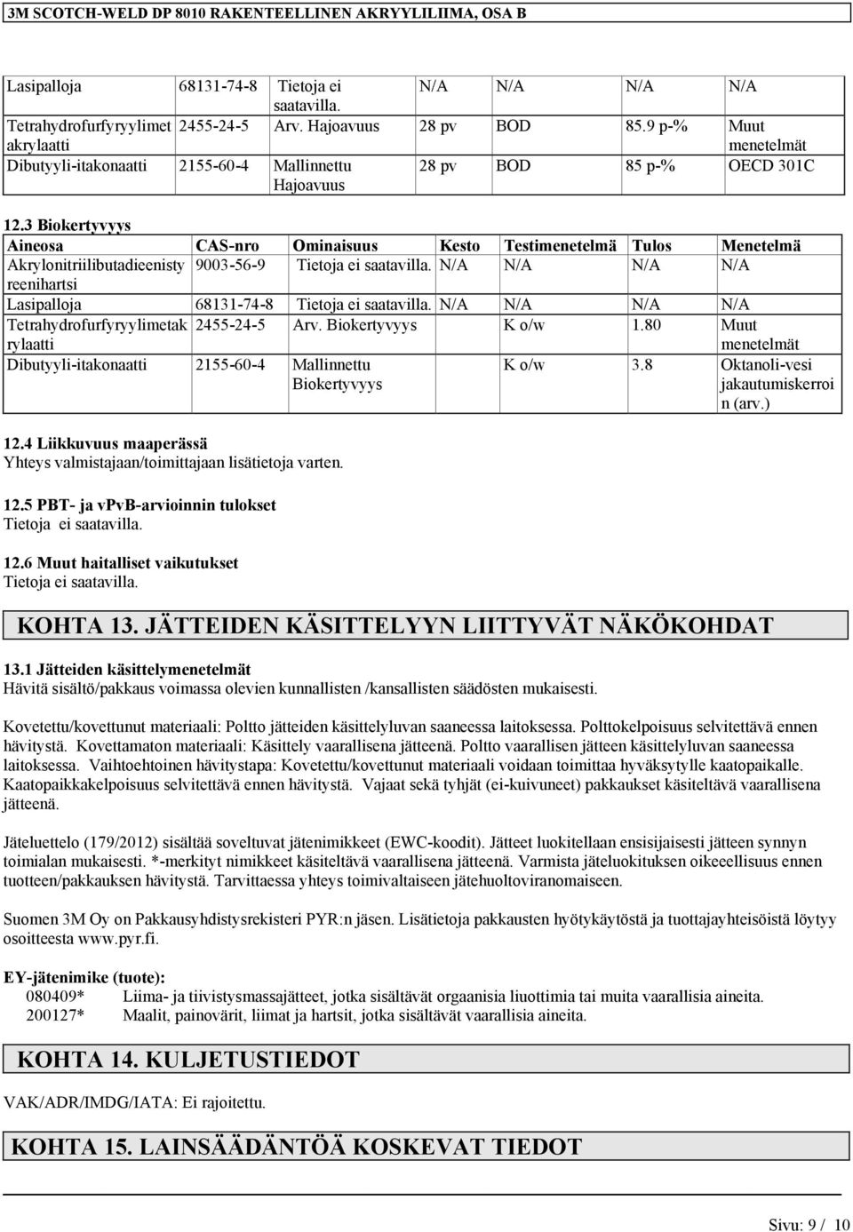 3 Biokertyvyys Aineosa CAS-nro Ominaisuus Kesto Testimenetelmä Tulos Menetelmä Akrylonitriilibutadieenisty 9003-56-9 N/A N/A N/A N/A reenihartsi Lasipalloja 68131-74-8 N/A N/A N/A N/A