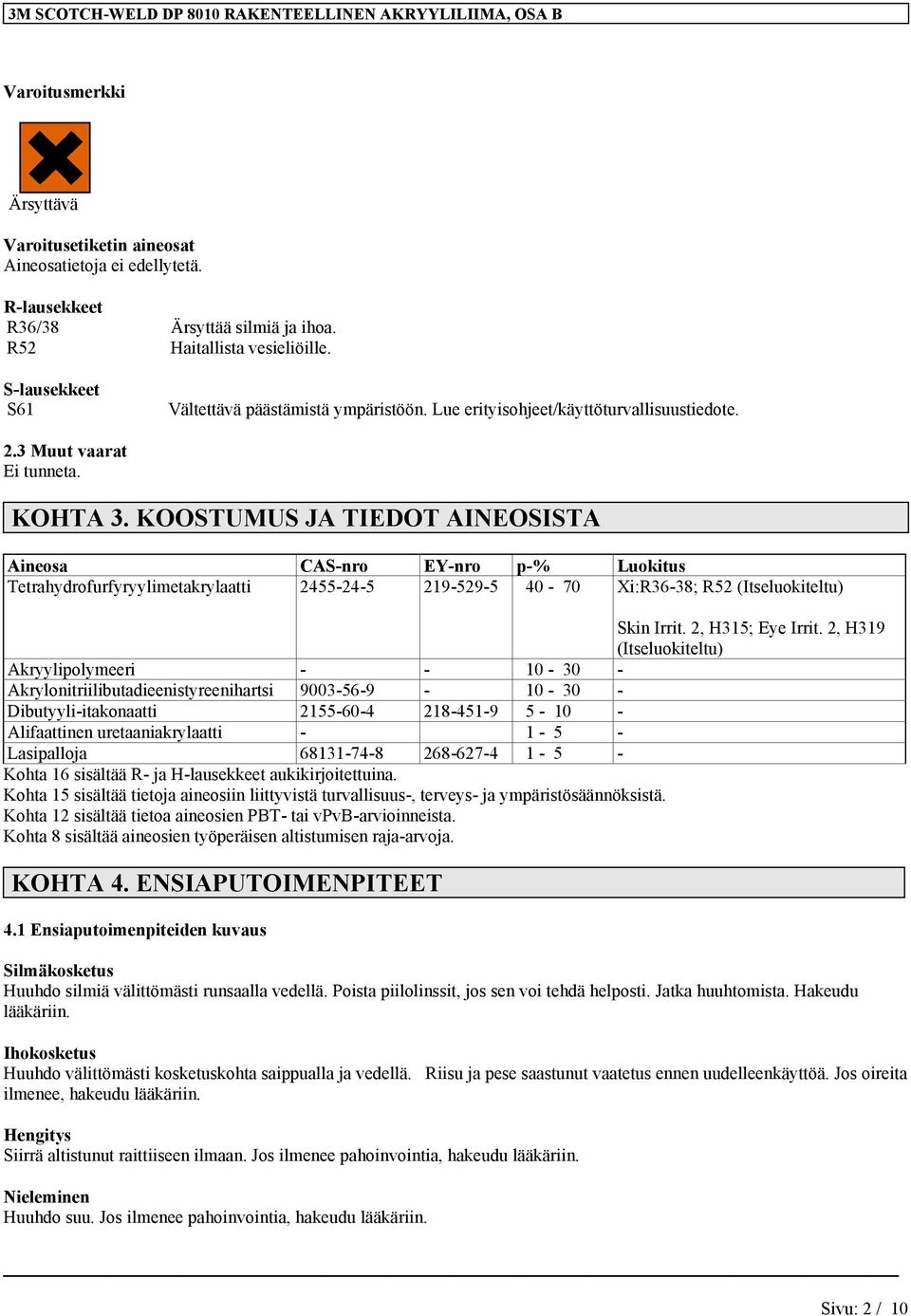 KOOSTUMUS JA TIEDOT AINEOSISTA Aineosa CAS-nro EY-nro p-% Luokitus Tetrahydrofurfyryylimetakrylaatti 2455-24-5 219-529-5 40-70 Xi:R36-38; R52 (Itseluokiteltu) Skin Irrit. 2, H315; Eye Irrit.