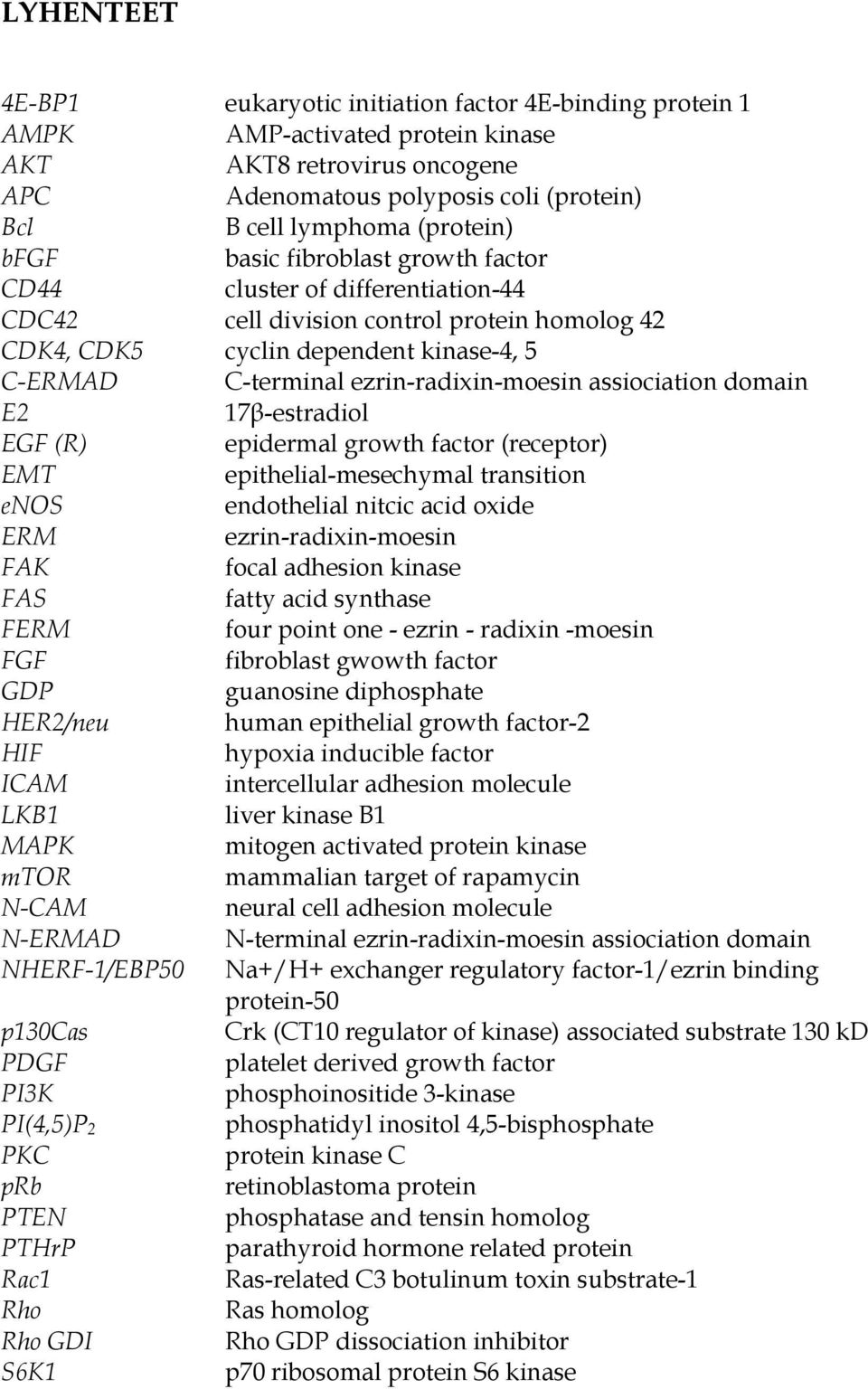 ezrin-radixin-moesin assiociation domain E2 17β-estradiol EGF (R) epidermal growth factor (receptor) EMT epithelial-mesechymal transition enos endothelial nitcic acid oxide ERM ezrin-radixin-moesin