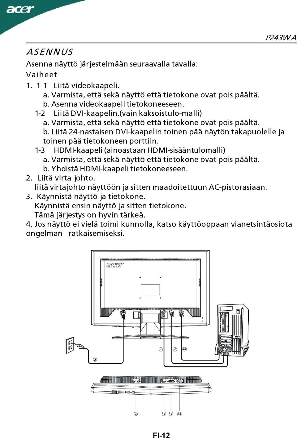 Liitä 24-nastaisen DVI-kaapelin toinen pää näytön takapuolelle ja toinen pää tietokoneen porttiin. 1-3 HDMI-kaapeli (ainoastaan HDMI-sisääntulomalli) a.