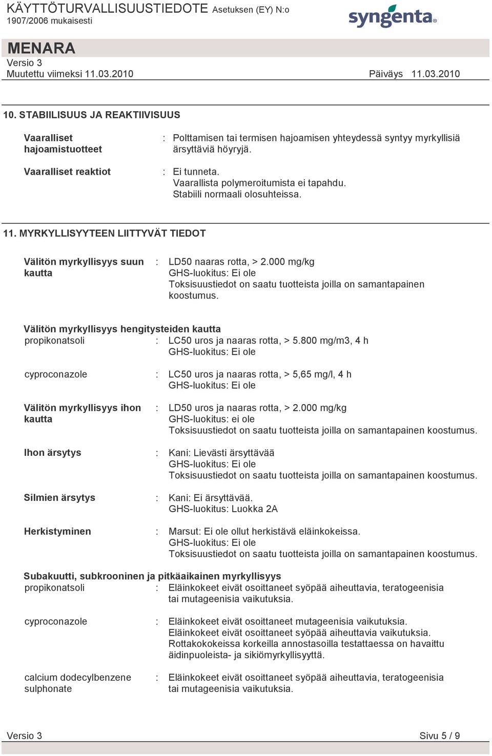 000 mg/kg Toksisuustiedot on saatu tuotteista joilla on samantapainen koostumus. Välitön myrkyllisyys hengitysteiden kautta propikonatsoli : LC50 uros ja naaras rotta, > 5.