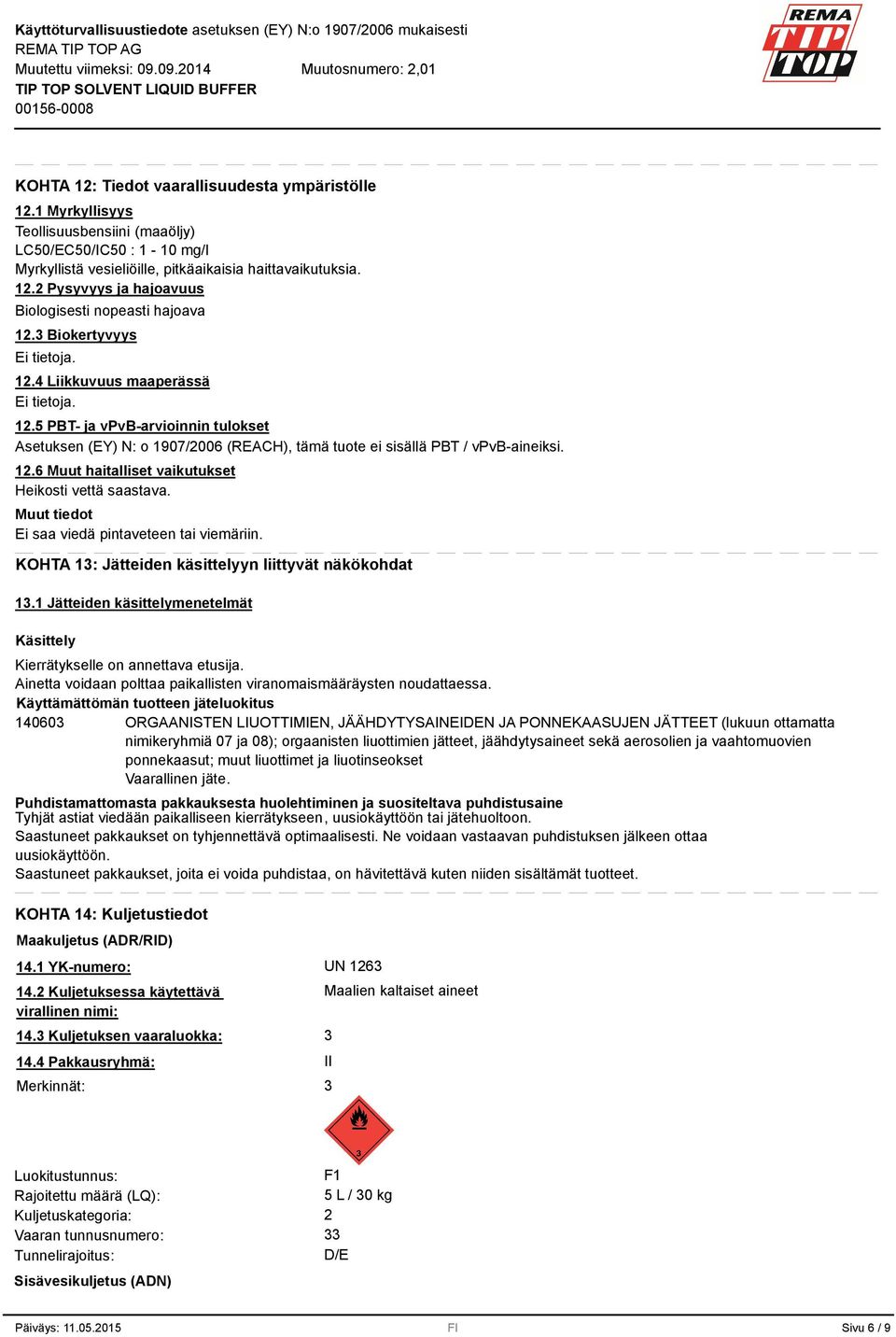 Ei saa viedä pintaveteen tai viemäriin. KOHTA 1: Jätteiden käsittelyyn liittyvät näkökohdat 1.1 Jätteiden käsittelymenetelmät Käsittely Kierrätykselle on annettava etusija.