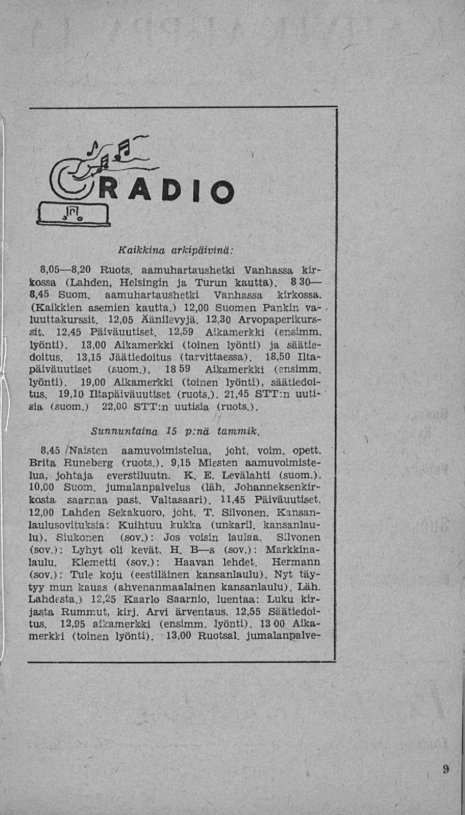 13,15 Jäätiedoitus (tarvittaessa). 18,50 Iltapäiväuutiset (suom.). 18 59 Aikamerkki (snsimm. lyönti). 19,00 Aikamerkki (toinen lyönti), säätiedoitus. 19,10 Iltapäiväuutiset (ruots.). 21,45 STT:n uutisia (suom.