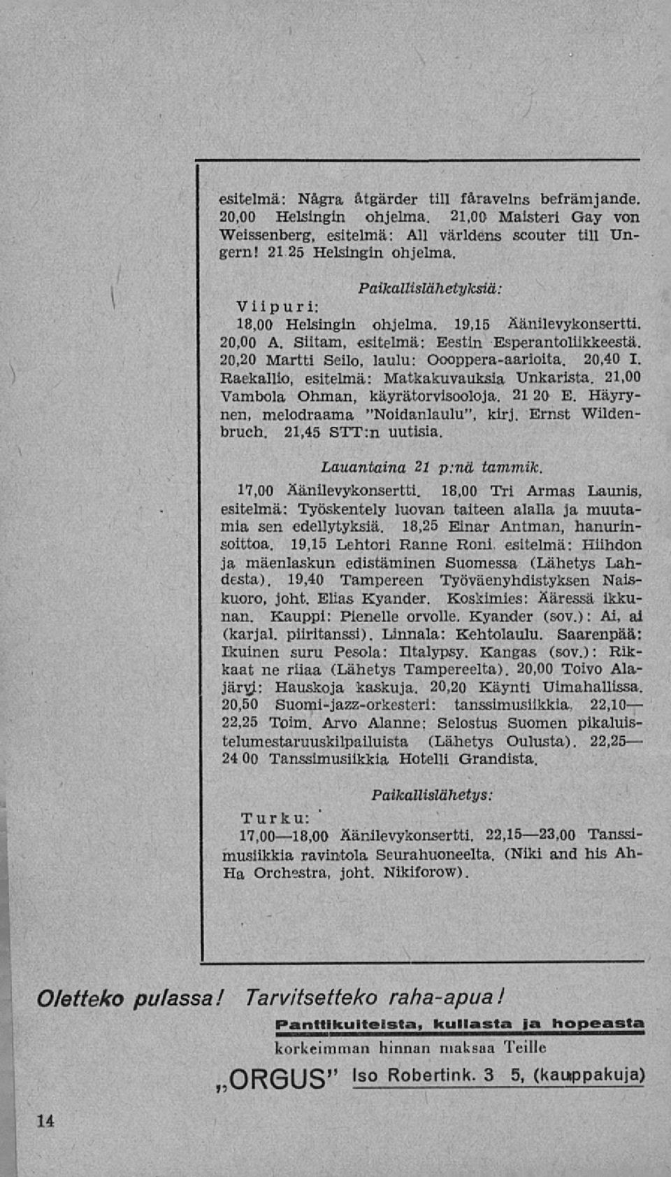 Raekallio, esitelmä: Matkakuvauksia Unkarista. 21,00 Vambola Öhman, käyrätorvisooloja. 2120 E. Häyrynen, melodraama "Noidanlaulu", kirj. Ernst Wildenbruch. 21,45 STT:n uutisia.