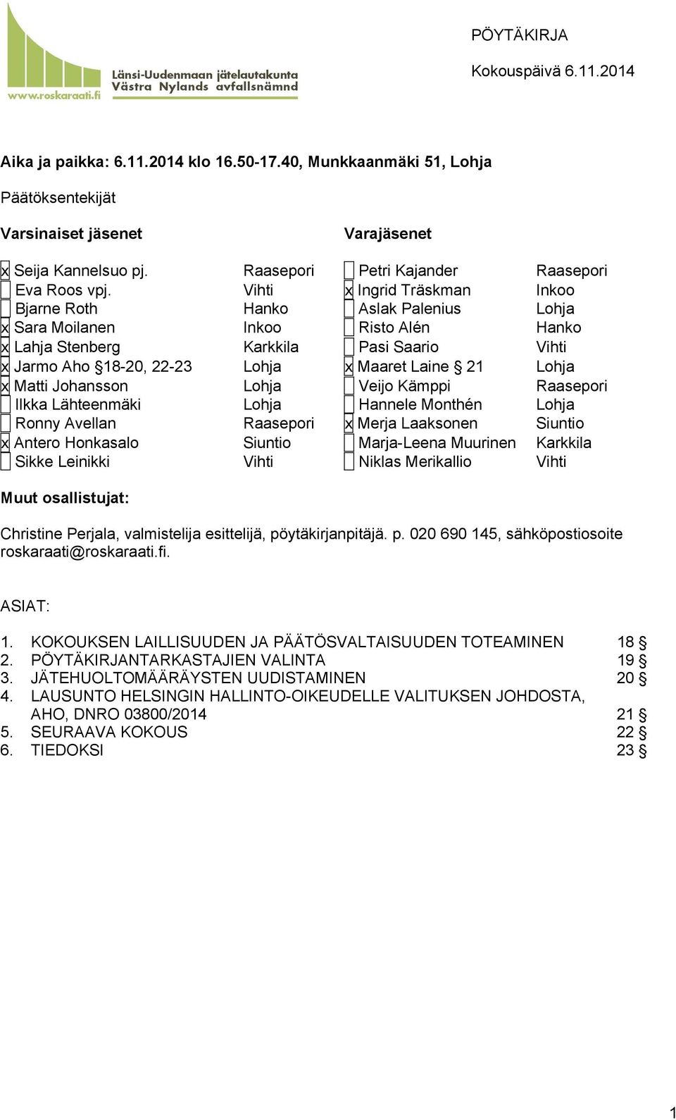 21 Lohja x Matti Johansson Lohja Veijo Kämppi Raasepori Ilkka Lähteenmäki Lohja Hannele Monthén Lohja Ronny Avellan Raasepori x Merja Laaksonen Siuntio x Antero Honkasalo Siuntio Marja-Leena Muurinen