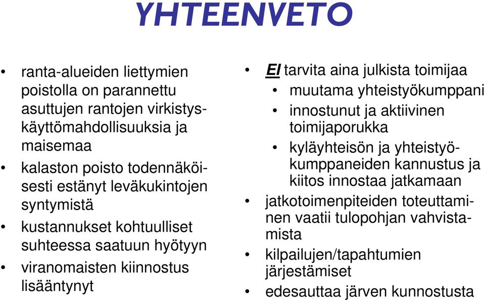 tarvita aina julkista toimijaa muutama yhteistyökumppani innostunut ja aktiivinen toimijaporukka kyläyhteisön ja yhteistyökumppaneiden kannustus