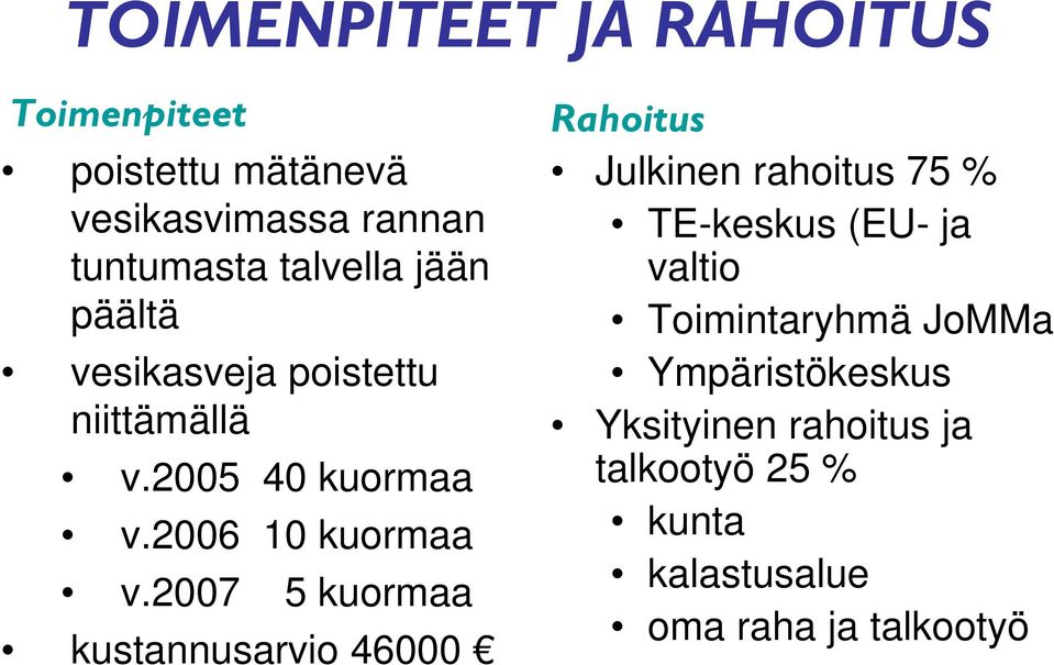 2007 5 kuormaa kustannusarvio 46000 Rahoitus Julkinen rahoitus 75 % TE-keskus (EU- ja valtio