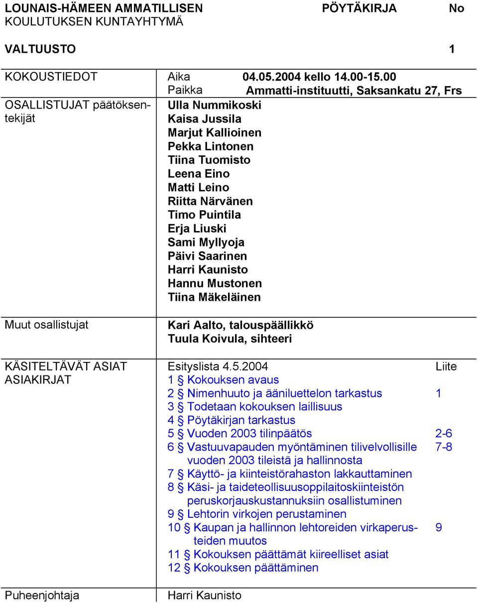 Myllyoja Päivi Saarinen Harri Kaunisto Hannu Mustonen Tiina Mäkeläinen Kari Aalto, talouspäällikkö Tuula Koivula, sihteeri KÄSITELTÄVÄT ASIAT ASIAKIRJAT Puheenjohtaja Esityslista 4.5.