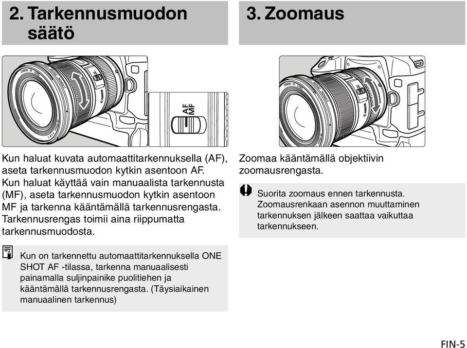 Tarkennusrengas toimii aina riippumatta tarkennusmuodosta. Zoomaa kääntämällä objektiivin zoomausrengasta. Suorita zoomaus ennen tarkennusta.