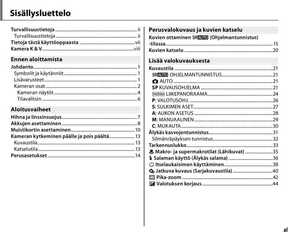 ..13 Kuvaustila...13 Katselutila...13 Perusasetukset...14 Perusvalokuvaus ja kuvien katselu Kuvien ottaminen M (Ohjelmantunnistus) -tilassa...15 Kuvien katselu...20 Lisää valokuvauksesta Kuvaustila.