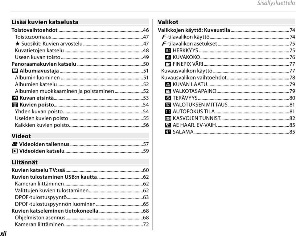 ..55 Kaikkien kuvien poisto...56 Videot F Videoiden tallennus...57 a Videoiden katselu...59 Liitännät Kuvien katselu TV:ssä...60 Kuvien tulostaminen USB:n kautta...62 Kameran liittäminen.