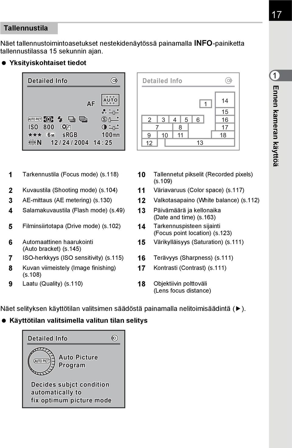 (s.118) 10 Tallennetut pikselit (Recorded pixels) (s.109) 2 Kuvaustila (Shooting mode) (s.104) 11 Väriavaruus (Color space) (s.117) 3 AE-mittaus (AE metering) (s.