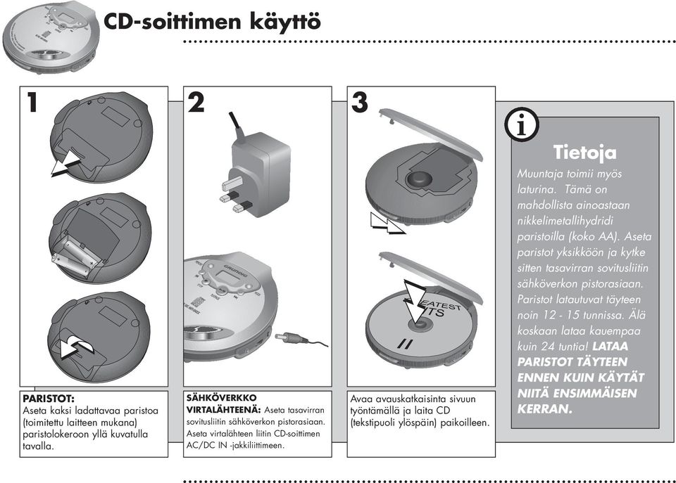 Avaa avauskatkaisinta sivuun työntämällä ja laita CD (tekstipuoli ylöspäin) paikoilleen. i Tietoja Muuntaja toimii myös laturina.