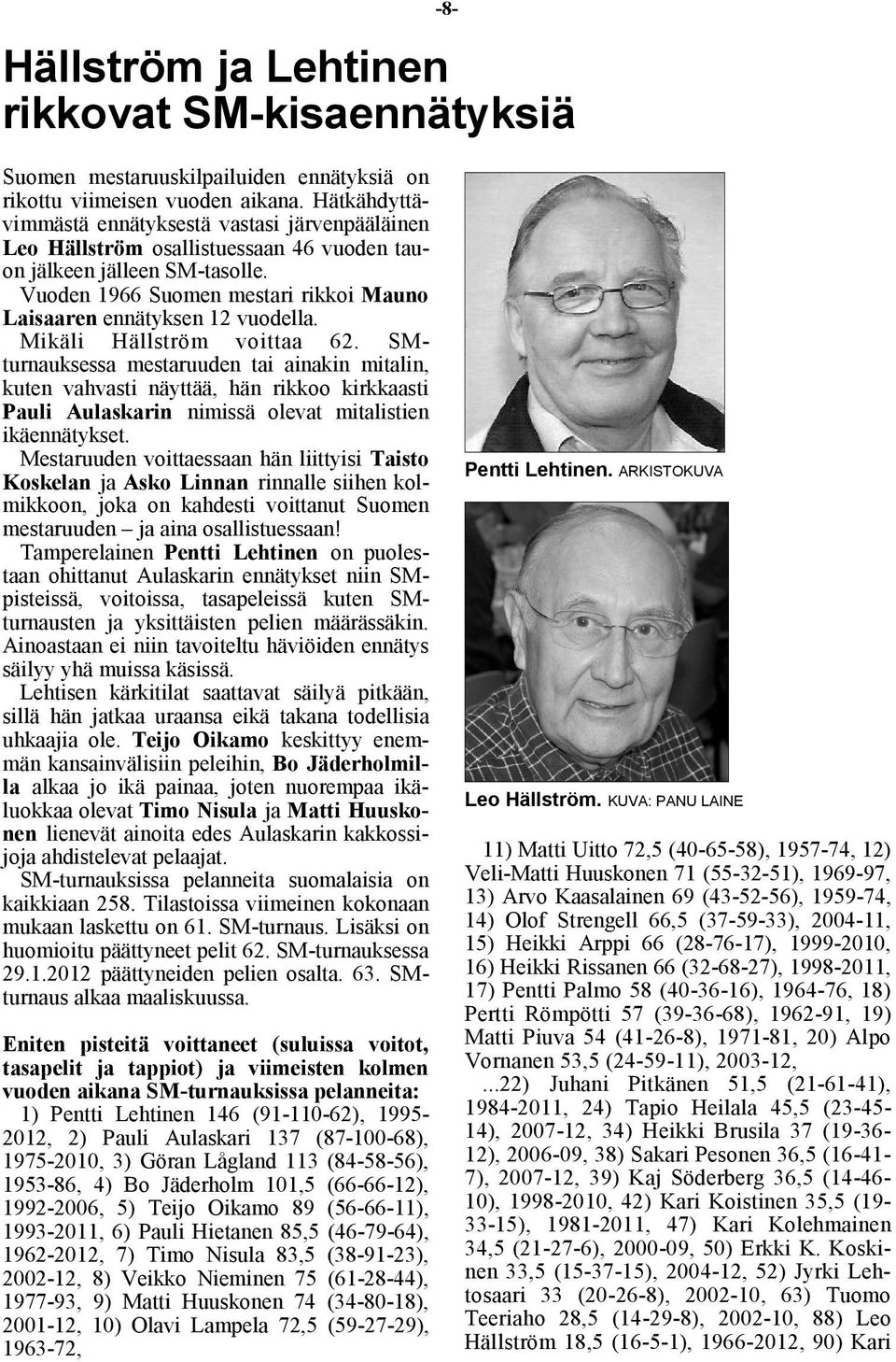 Vuoden 1966 Suomen mestari rikkoi Mauno Laisaaren ennätyksen 12 vuodella. Mikäli Hällström voittaa 62.