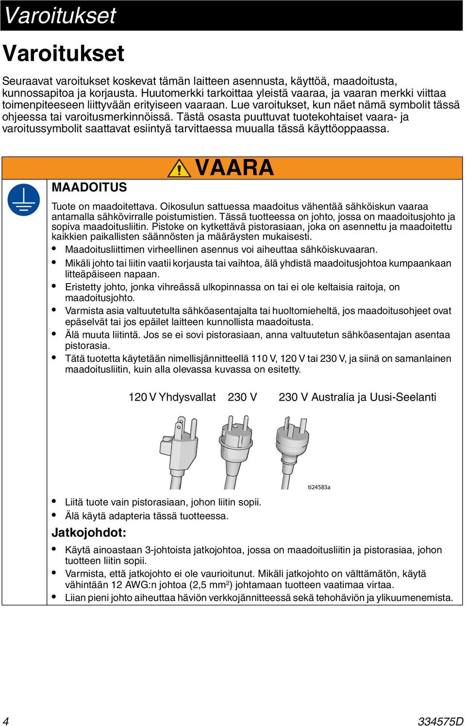 Tästä osasta puuttuvat tuotekohtaiset vaara- ja varoitussymbolit saattavat esiintyä tarvittaessa muualla tässä käyttöoppaassa. MAADOITUS VAARA Tuote on maadoitettava.